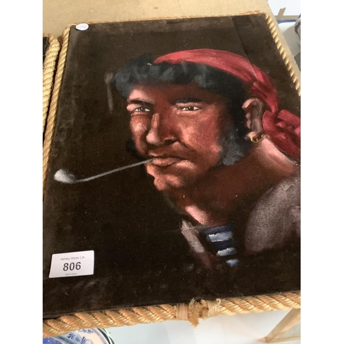 806 - A PAIR OF SIGNED PAINT ON FABRIC PICTURES DEPICTING PIRATES