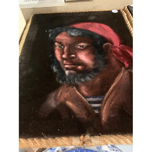 806 - A PAIR OF SIGNED PAINT ON FABRIC PICTURES DEPICTING PIRATES