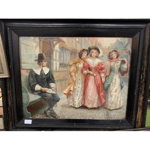 836A - A LARGE WOODEN FRAMED VICTORIAN PRINT OF A TUDOR STYLE STREET SCENE