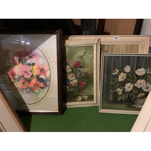 969 - FOUR FRAMED OIL ON BOARD FLORAL PAINTINGS AND A FRAMED PRINT OF SWEET PEAS