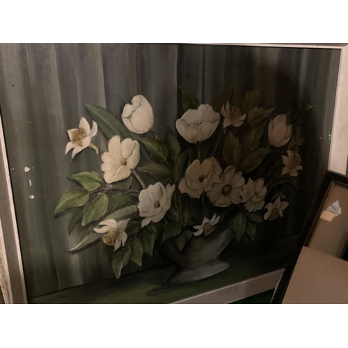 969 - FOUR FRAMED OIL ON BOARD FLORAL PAINTINGS AND A FRAMED PRINT OF SWEET PEAS