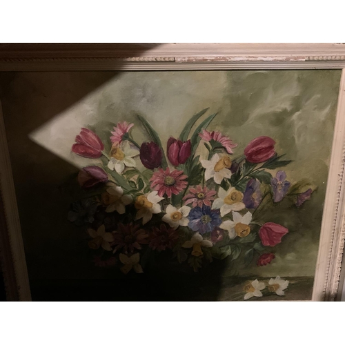 969 - FOUR FRAMED OIL ON BOARD FLORAL PAINTINGS AND A FRAMED PRINT OF SWEET PEAS