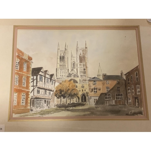 986 - A FRAMED WATERCOLOUR OF CENTRAL LINCOLN AND A FRAMED MAP OF BRISTOL AND BATH