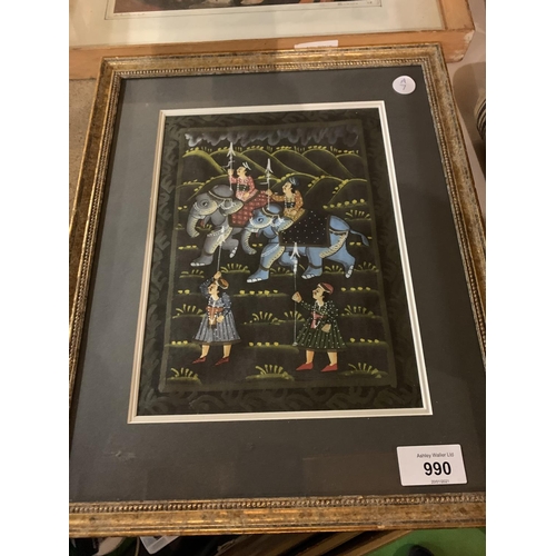 990 - A GILT FRAMED ORIENTAL SILK OF WARRIORS ON ELEPHANTS