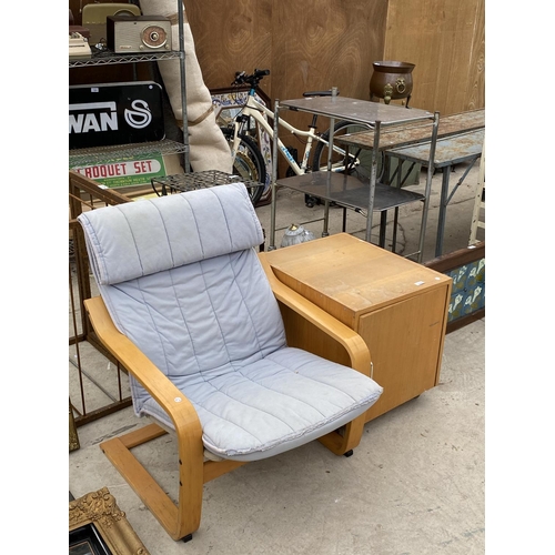 1429 - A LOCKABLE WOODEN STORAGE CUPBOARD WITH AN IKEA POANG STYLE CHAIR