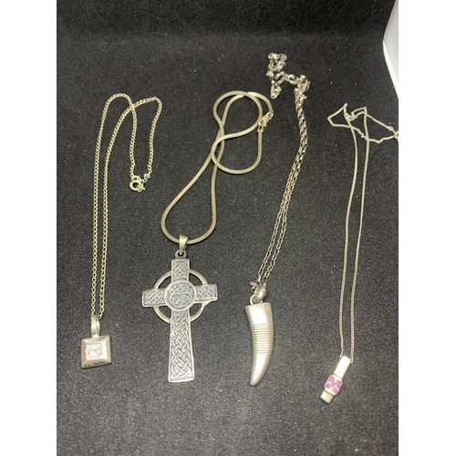 507 - FOUR SILVER NECKLACES MARKED 925 WITH PENDANTS TO INCLUDE A CROSS, TOOTH, CLEAR STONE AND PINK STONE