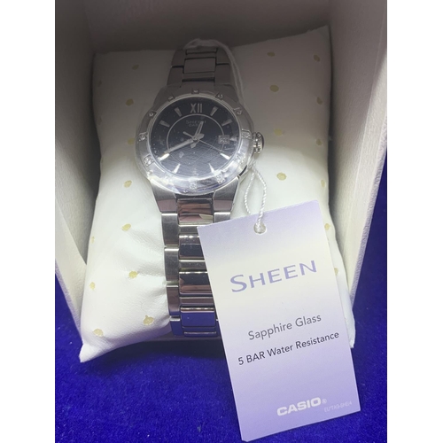 559 - A LADIES CASIO SHEEN WRISTWATCH IN WORKING ORDER WITH PRESENTATION BOX