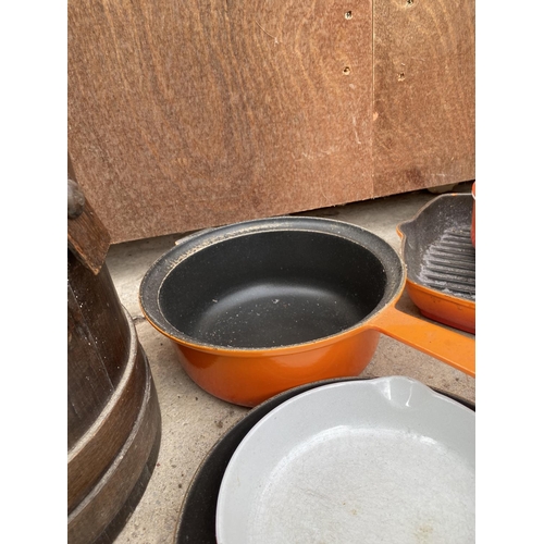 1237 - A SET OF SEVEN LE CREUSET PANS TO INCLUDE A MILK PAN, GRIDDLE PAN AND STOCK POT