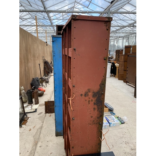 1259 - A VINTAGE RED METAL 18 PIGEON HOLE STORAGE CABINET (H:184CM W:92CM)