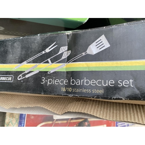 1268 - A COLLECTION OF ITEMS TO INCLUDE A METAL TIN, A THREE PIECE BBQ SET, A BBQ COVER ETC