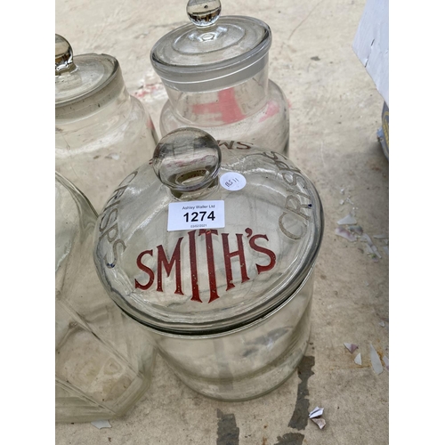 1274 - A COLLECTION OF LIDDED GLASS JARS TO INCLUDE A SMITHS CRISPS