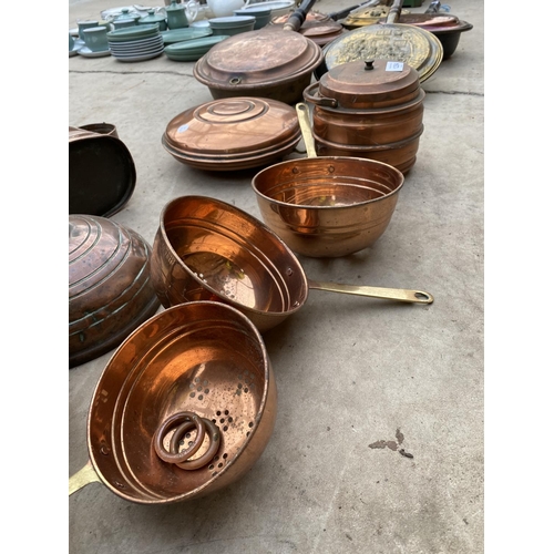 1284 - AN ASSORTMENT OF COPPER ITEMS TO INCLUDE PANS, A WATERING CAN AND SIEVES ETC