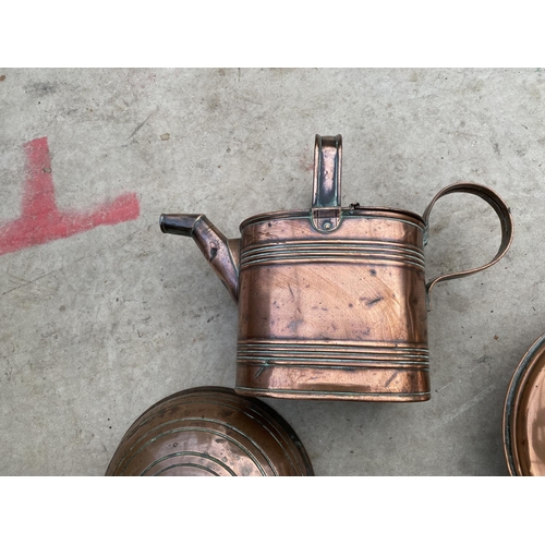 1284 - AN ASSORTMENT OF COPPER ITEMS TO INCLUDE PANS, A WATERING CAN AND SIEVES ETC