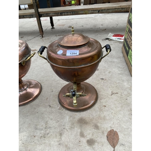 1294 - TWO VINTAGE COPPER URNS AND A FURTHER COPPER SHELF