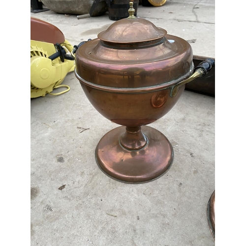 1294 - TWO VINTAGE COPPER URNS AND A FURTHER COPPER SHELF