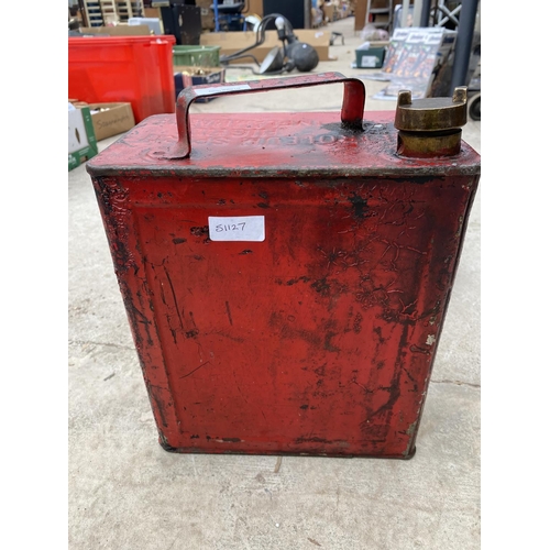 1338 - A VINTAGE RED PETROL CAN AND A FURTHER VINTAGE TOOL TIN