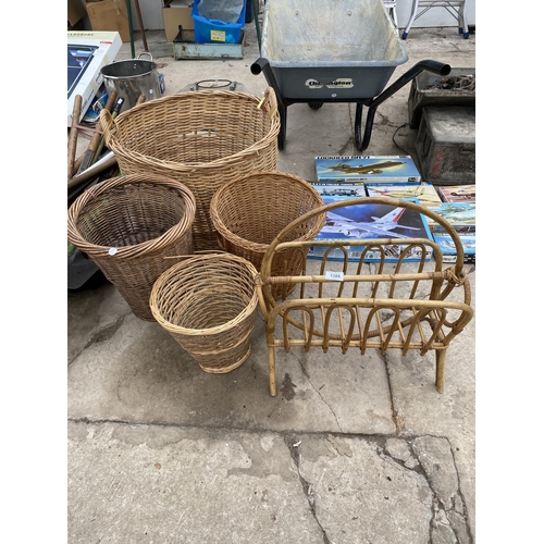 1388 - AN ASSORTMENT OF WICKER BASKETS TO ALSO INCLUDE A BAMBOO RACK