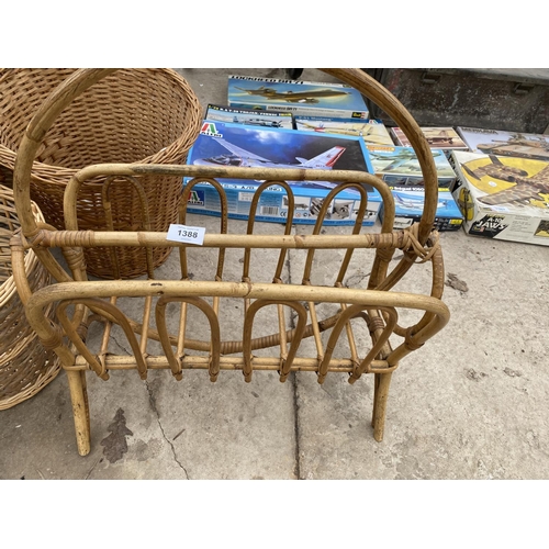 1388 - AN ASSORTMENT OF WICKER BASKETS TO ALSO INCLUDE A BAMBOO RACK