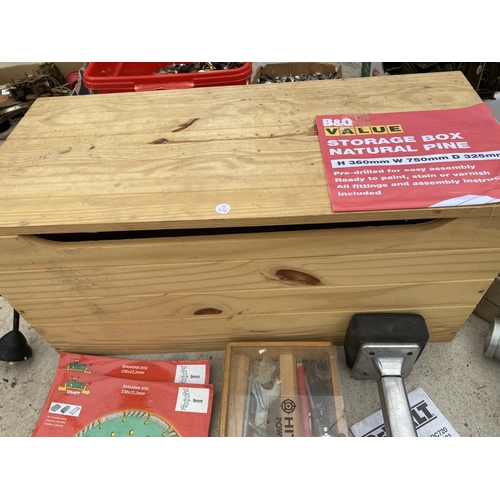 1401 - AN ASSORTMENT OF ITEMS TO INCLUDE A PINE STORAGE BOX, BOSCH ANGLE GRINDER AND DIAMOND CUTTING DISCS ... 