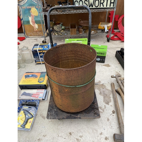 1433 - A VINTAGE METAL TROLLEY AND METAL BARREL