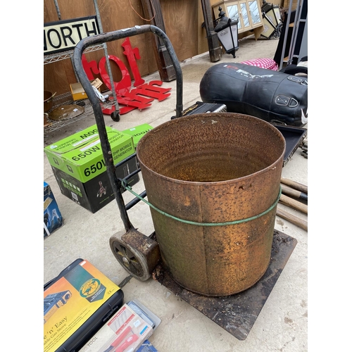 1433 - A VINTAGE METAL TROLLEY AND METAL BARREL