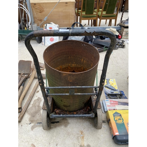 1433 - A VINTAGE METAL TROLLEY AND METAL BARREL