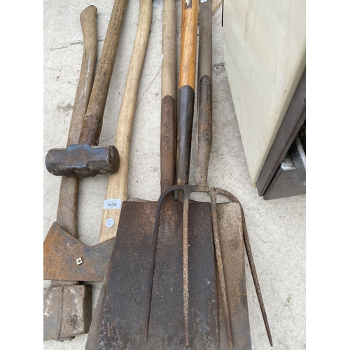 1436 - AN ASSORTMENT OF VINTAGE GARDEN TOOLS TO INCLUDE SHOVELS, FORKS AND AXES ETC