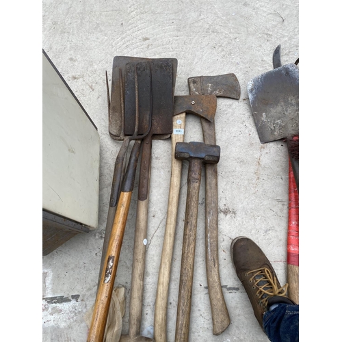 1436 - AN ASSORTMENT OF VINTAGE GARDEN TOOLS TO INCLUDE SHOVELS, FORKS AND AXES ETC