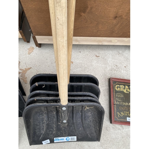 1472 - FIVE PLASTIC SNOW SHOVELS WITH WOODEN HANDLES