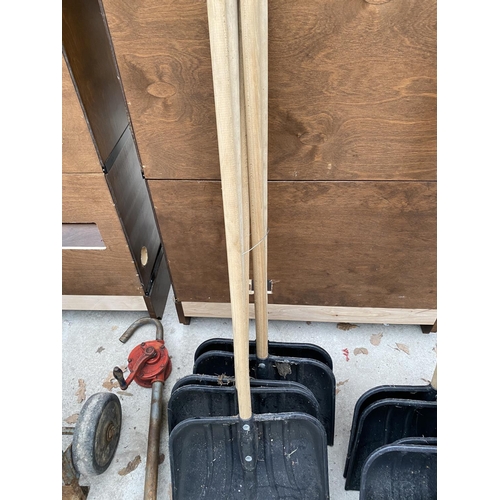 1474 - FIVE PLASTIC SNOW SHOVELS WITH WOODEN HANDLES