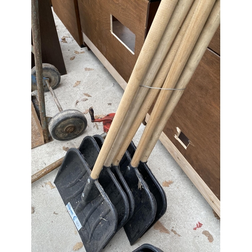 1474 - FIVE PLASTIC SNOW SHOVELS WITH WOODEN HANDLES