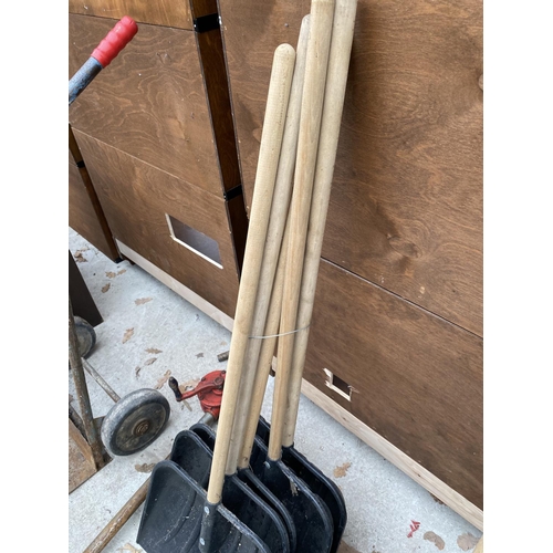 1474 - FIVE PLASTIC SNOW SHOVELS WITH WOODEN HANDLES