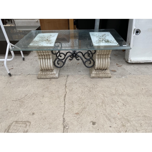 1483 - AN ORNATE VINTAGE PATIO COFFEE TABLE WITH STONE EFFECT LEGS AND GLASS TOP