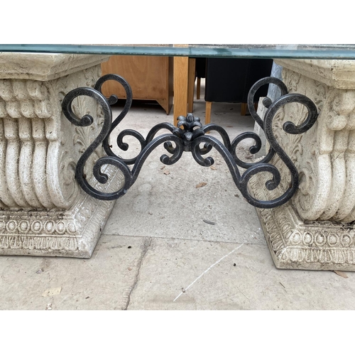 1483 - AN ORNATE VINTAGE PATIO COFFEE TABLE WITH STONE EFFECT LEGS AND GLASS TOP