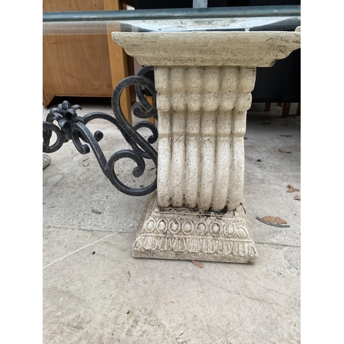 1483 - AN ORNATE VINTAGE PATIO COFFEE TABLE WITH STONE EFFECT LEGS AND GLASS TOP