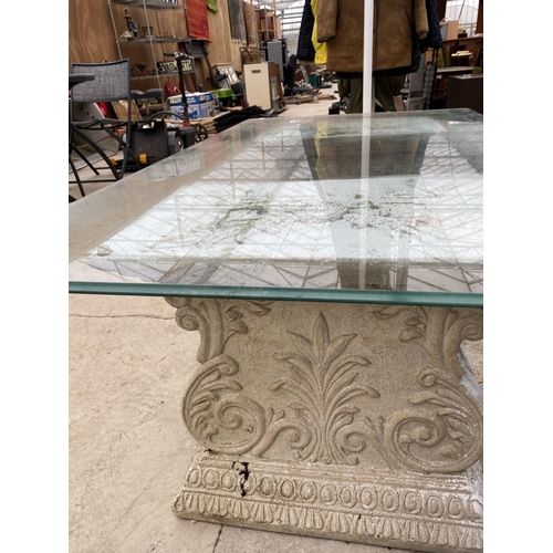 1483 - AN ORNATE VINTAGE PATIO COFFEE TABLE WITH STONE EFFECT LEGS AND GLASS TOP