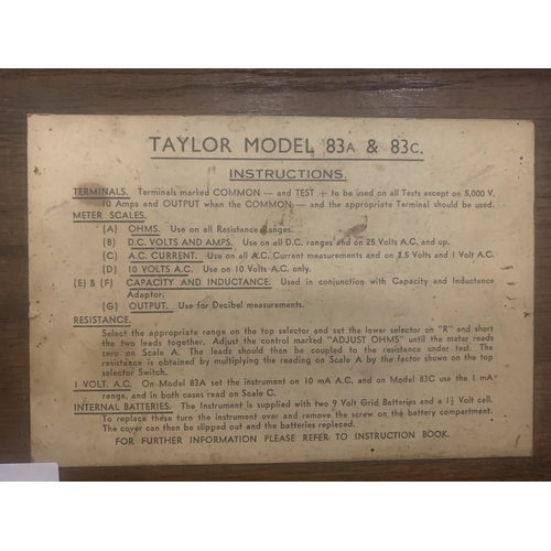 11A - A BOXED VINTAGE TAYLOR UNIVERSAL METER MODEL 83A TO INCLUDE INSTRUCTIONS AND AN INTEGRATED COMPARTME... 