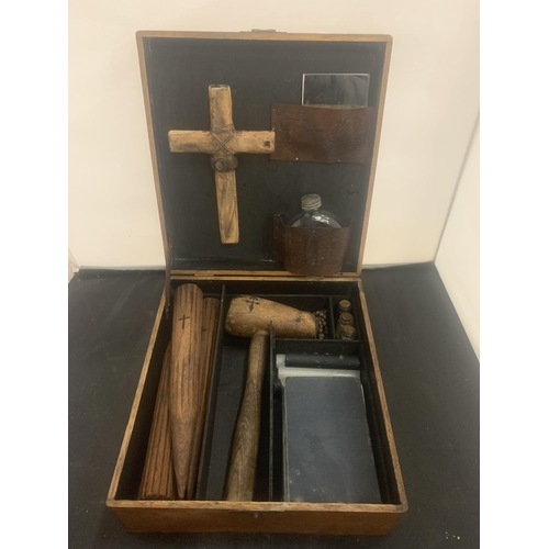 36 - A VINTAGE WOODEN BOX TO INCLUDE ALL THE APPARATUS NEEDED TO DEFEAT A VAMPIRE