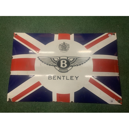 39 - A LARGE RETRO METAL 'BENTLEY' SIGN 60CM X 40CM