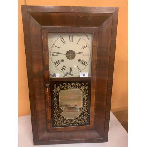 42 - A LARGE MAHOGANY WALL CLOCK WITH PAINTED GLASS DETAIL H:66CM