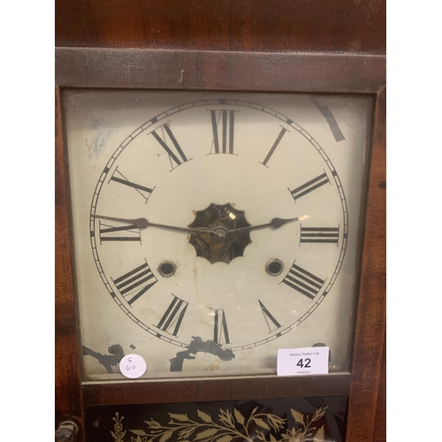 42 - A LARGE MAHOGANY WALL CLOCK WITH PAINTED GLASS DETAIL H:66CM