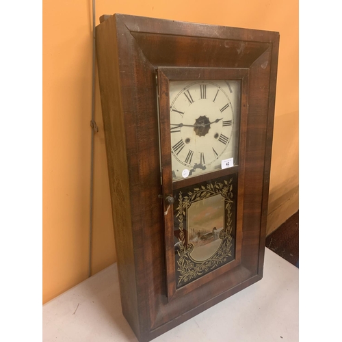 42 - A LARGE MAHOGANY WALL CLOCK WITH PAINTED GLASS DETAIL H:66CM