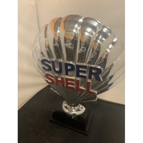 48 - A LARGE CHROME 'SUPER SHELL' SIGN ON A BASE APPROXIMATE HEIGHT 50CM