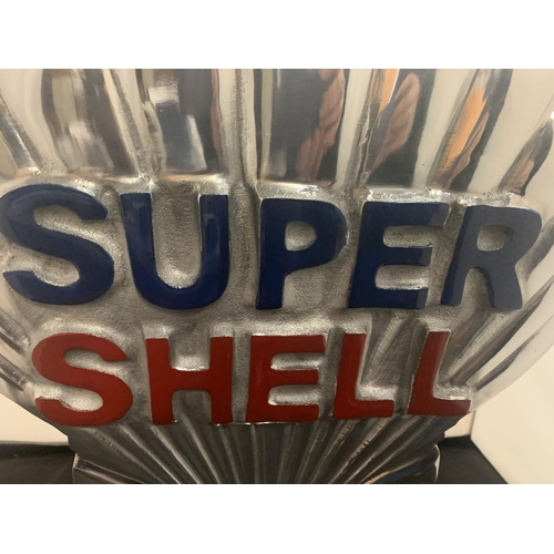 48 - A LARGE CHROME 'SUPER SHELL' SIGN ON A BASE APPROXIMATE HEIGHT 50CM