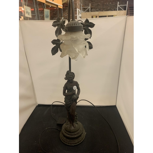 54 - A VINTAGE TABLE LAMP IN THE FORM OF A LADY TO INCLUDE A GLASS FLOWER SHADE AND FURTHER FLORAL DETAIL