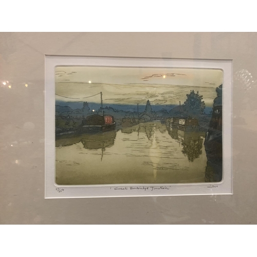 57 - A PAIR OF FRAMED LIMITED EDITION WATERCOLOUR PRINTS RELATING TO CANAL SCENES SIGNED MILES AND A FURT... 