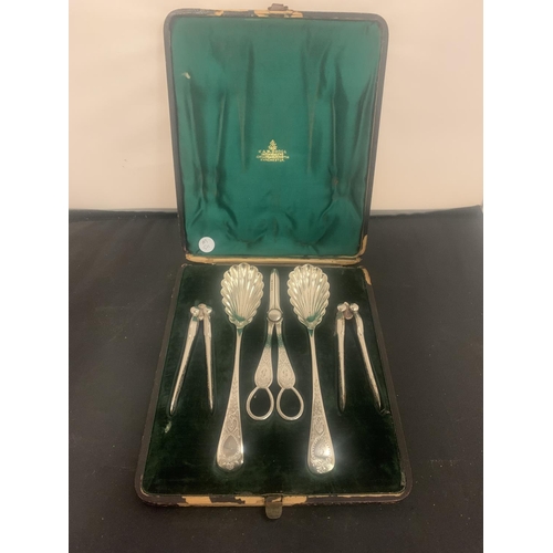 7 - A VINTAGE BOXED SET OF SILVER PLATED FRUIT TOOLS TO INCLUDE A PAIR OF GRAPES SCISSORS AND A PAIR OF ... 