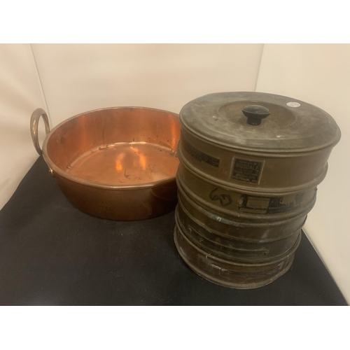 9 - A LARGE COPPER BOWL (D:37CM) AND A VINTAGE BRASS STACK OF RIDSDALE AND CO LTD SAND TESTING SIEVES