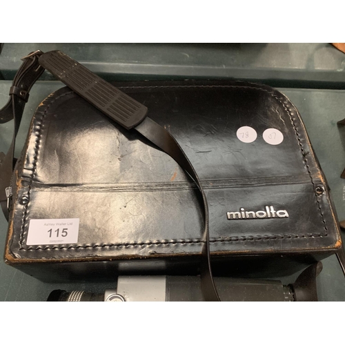 115 - A VINTAGE MINOLTA CINE CAMERA TO INCLUDE A LEATHER CARRY CASE