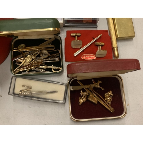 120 - AN ASSORTMENT OF TIE PINS AND CUFFLINKS TO ALSO INCLUDE A SMALL METAL AFTERSHAVE BOTTLE ETC